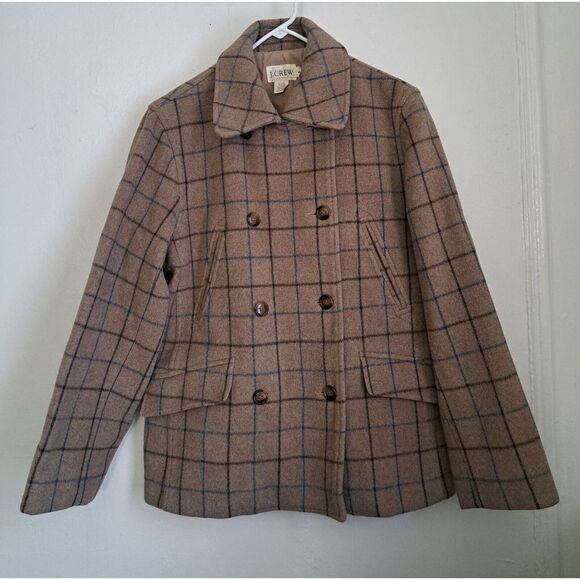 Vintage j Crew Women Small Wool Cashmere coat Double Breasted Taupe Windowpane - Picture 2 of 7